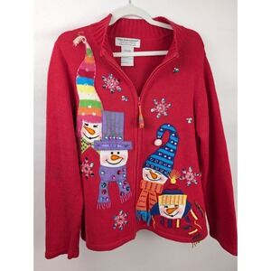 Vintage Ugly Christmas Snowman Zip Sweater Sz XL Red Novelty Holiday Cottagecore